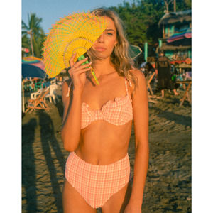 Billabong Women Pink Tide Hi Retro Bikini Bottoms High Waisted Plaid Size Medium